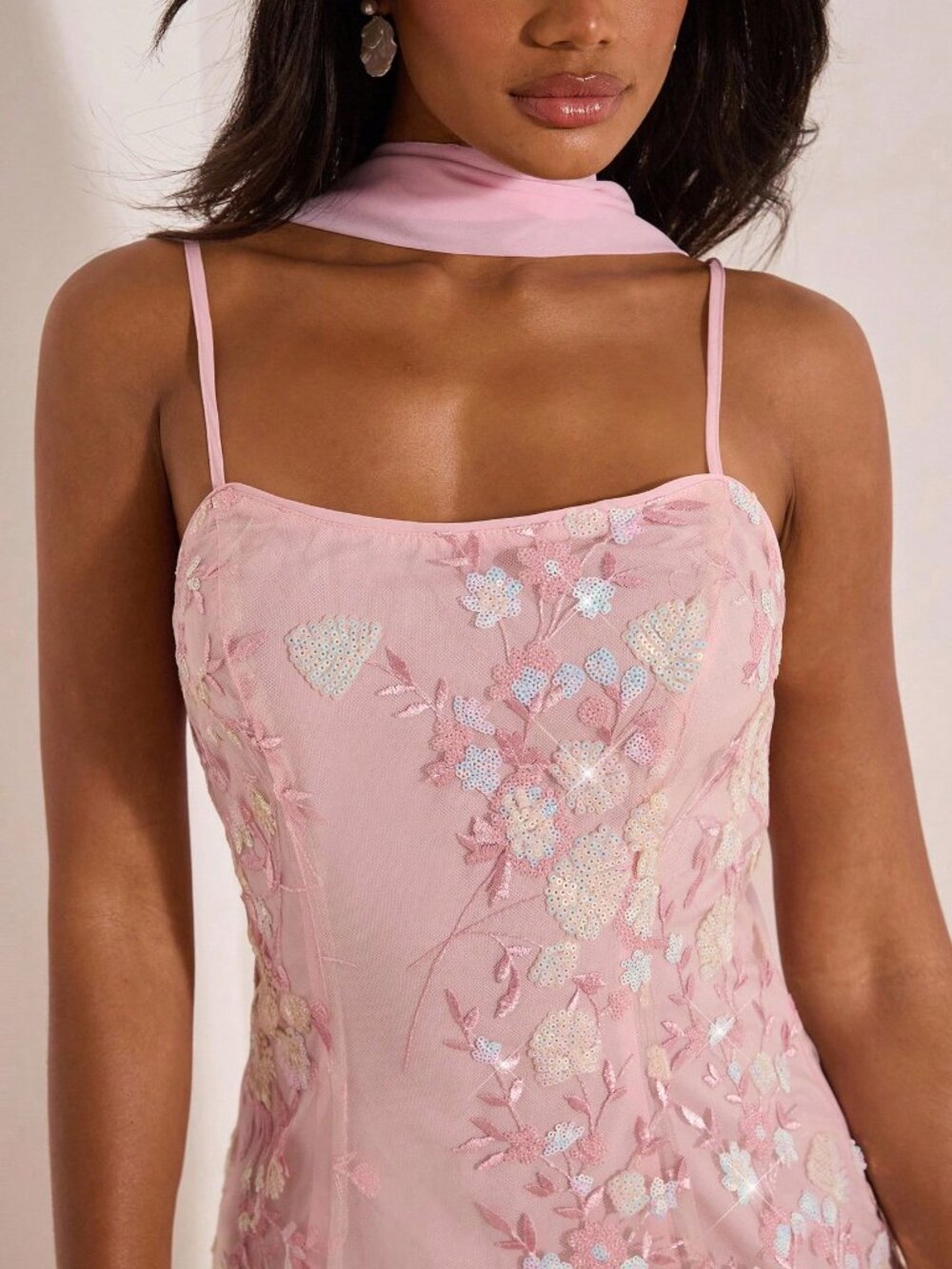 Pink Floral Sequin Women's Mini Dress with Shiny Applique - Picture 3 of 5